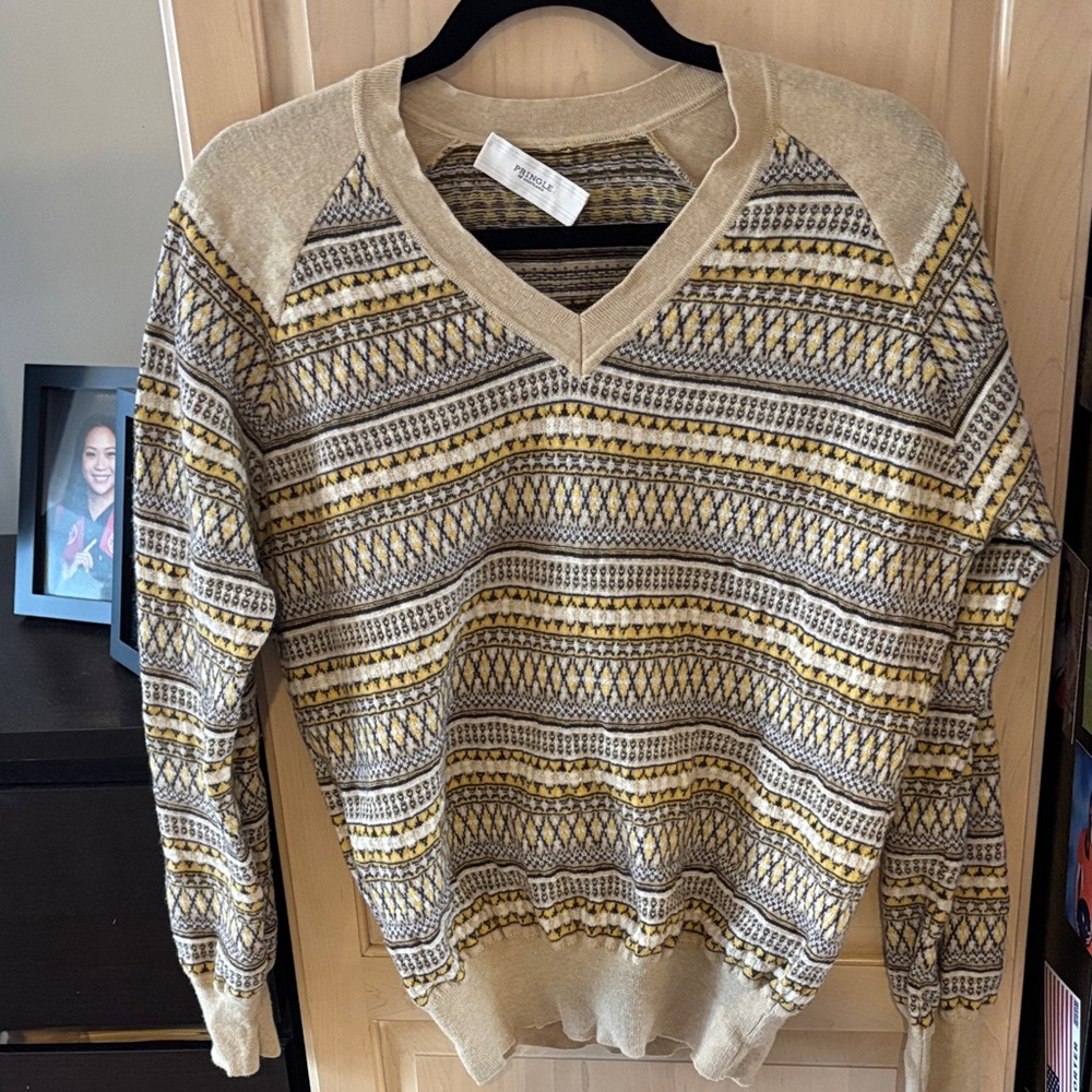Pringle Men’s Beige Yellow Lambswool Patterned Sweater-M